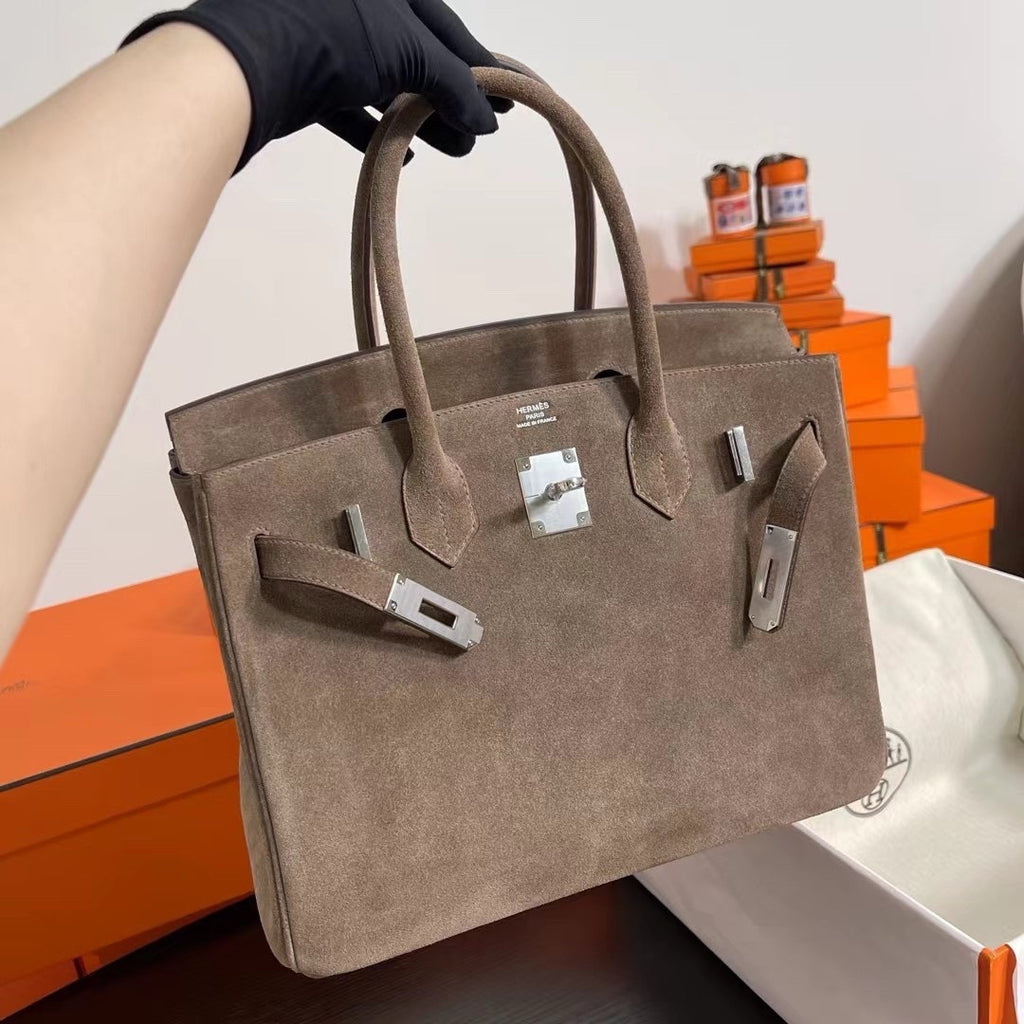 HERMES LIMITED EDITION SUEDE BIRKIN 30 BAG RARE ETOUPE DOBLIS PALLADIUM HARDWARE