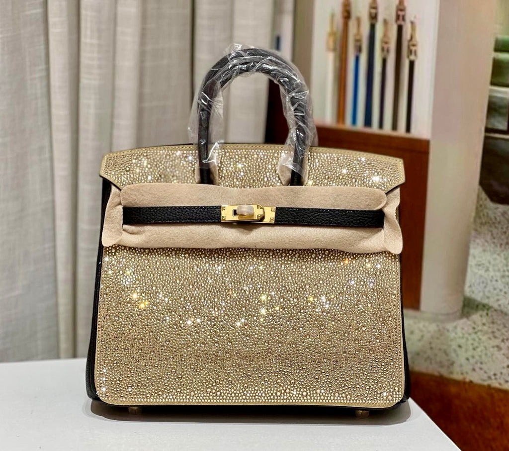 HERMÈS 25CM BIRKIN CUSTOMIZED SWAROVSKI CRYSTAL GOLD HARDWARE WITH GOLD AND BLACK SWIFT LEATHER Hermes