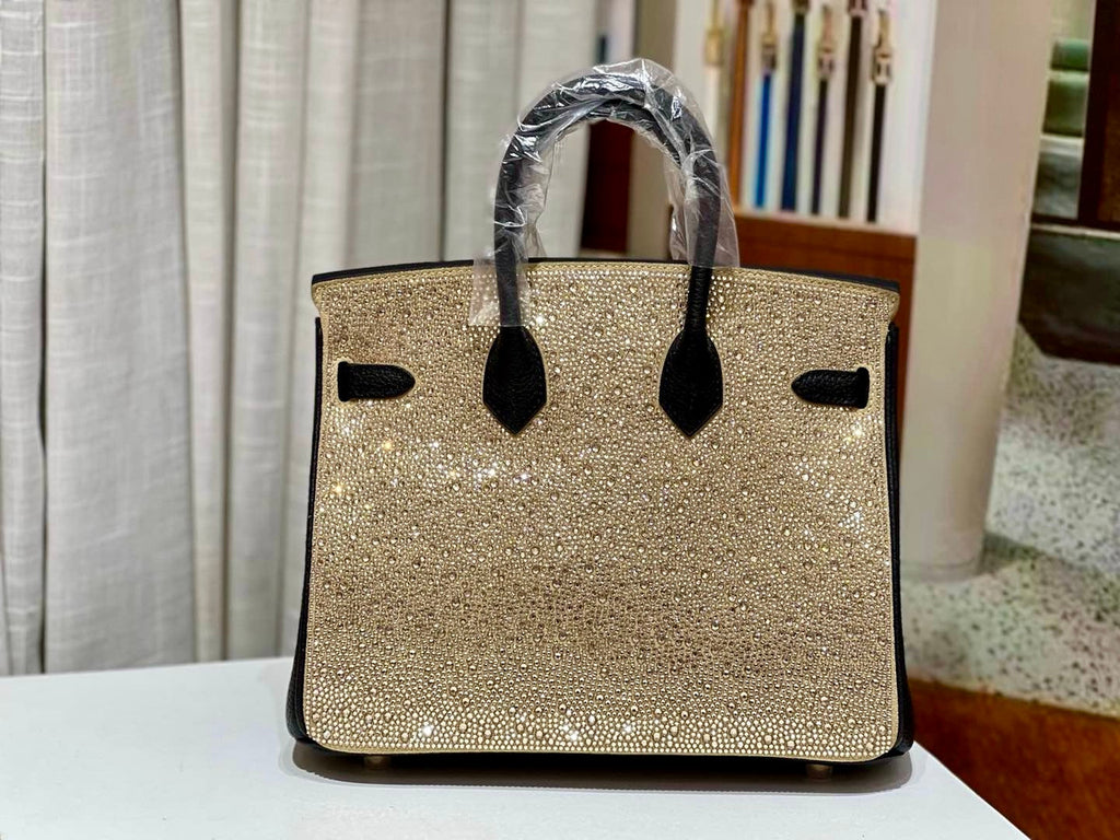 HERMÈS 25CM BIRKIN CUSTOMIZED SWAROVSKI CRYSTAL GOLD HARDWARE WITH GOLD AND BLACK SWIFT LEATHER Hermes