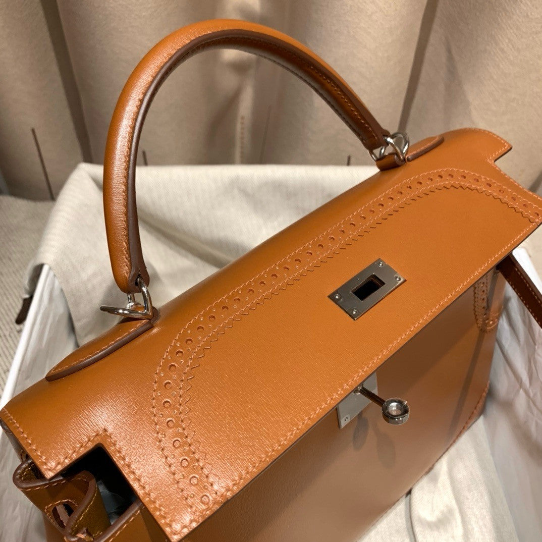 Hermes Gold Kelly 28 Lace Bag Box Leather