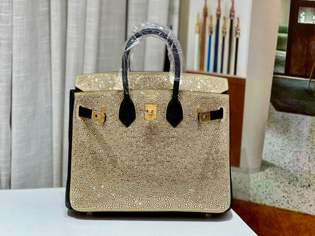 HERMÈS 25CM BIRKIN CUSTOMIZED SWAROVSKI CRYSTAL GOLD HARDWARE WITH GOLD AND BLACK SWIFT LEATHER Hermes
