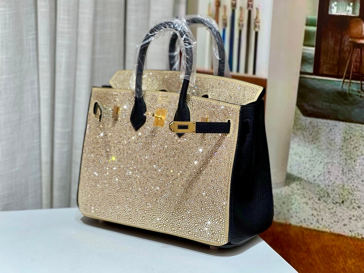 HERMÈS 25CM BIRKIN CUSTOMIZED SWAROVSKI CRYSTAL GOLD HARDWARE WITH GOLD AND BLACK SWIFT LEATHER Hermes