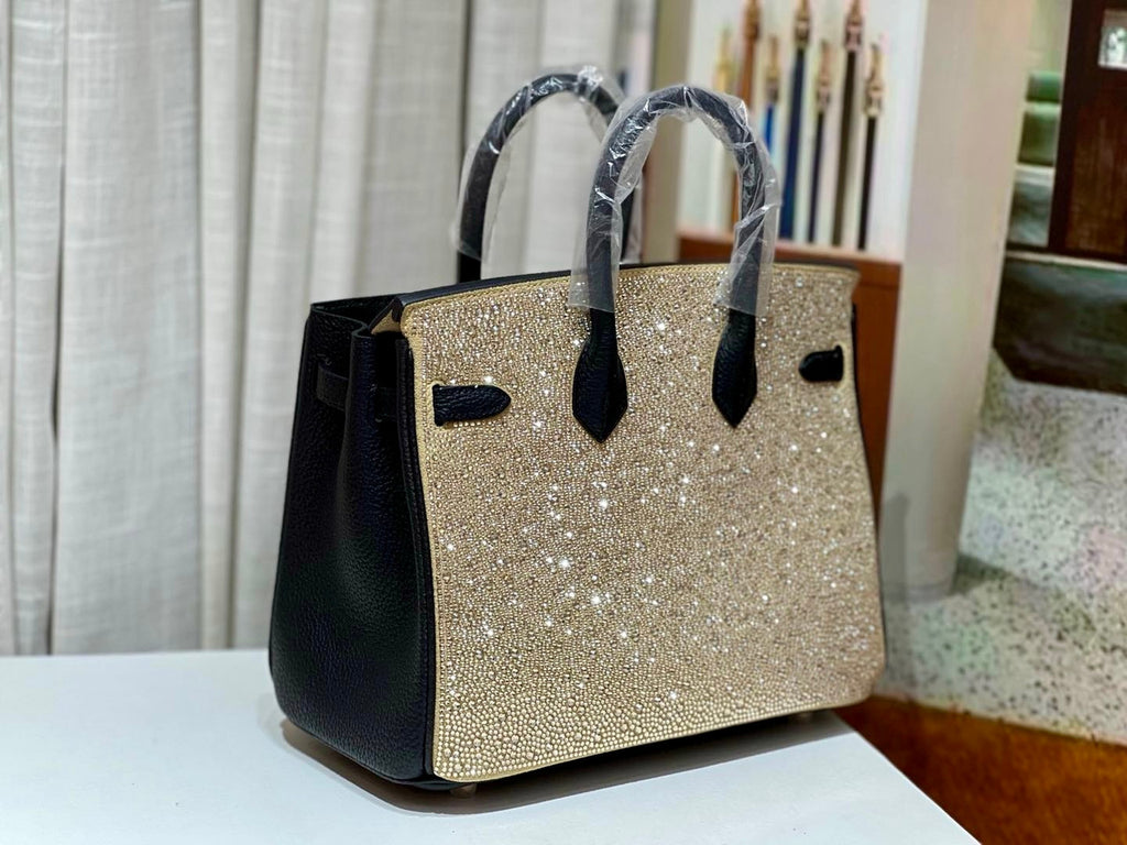 HERMÈS 25CM BIRKIN CUSTOMIZED SWAROVSKI CRYSTAL GOLD HARDWARE WITH GOLD AND BLACK SWIFT LEATHER Hermes
