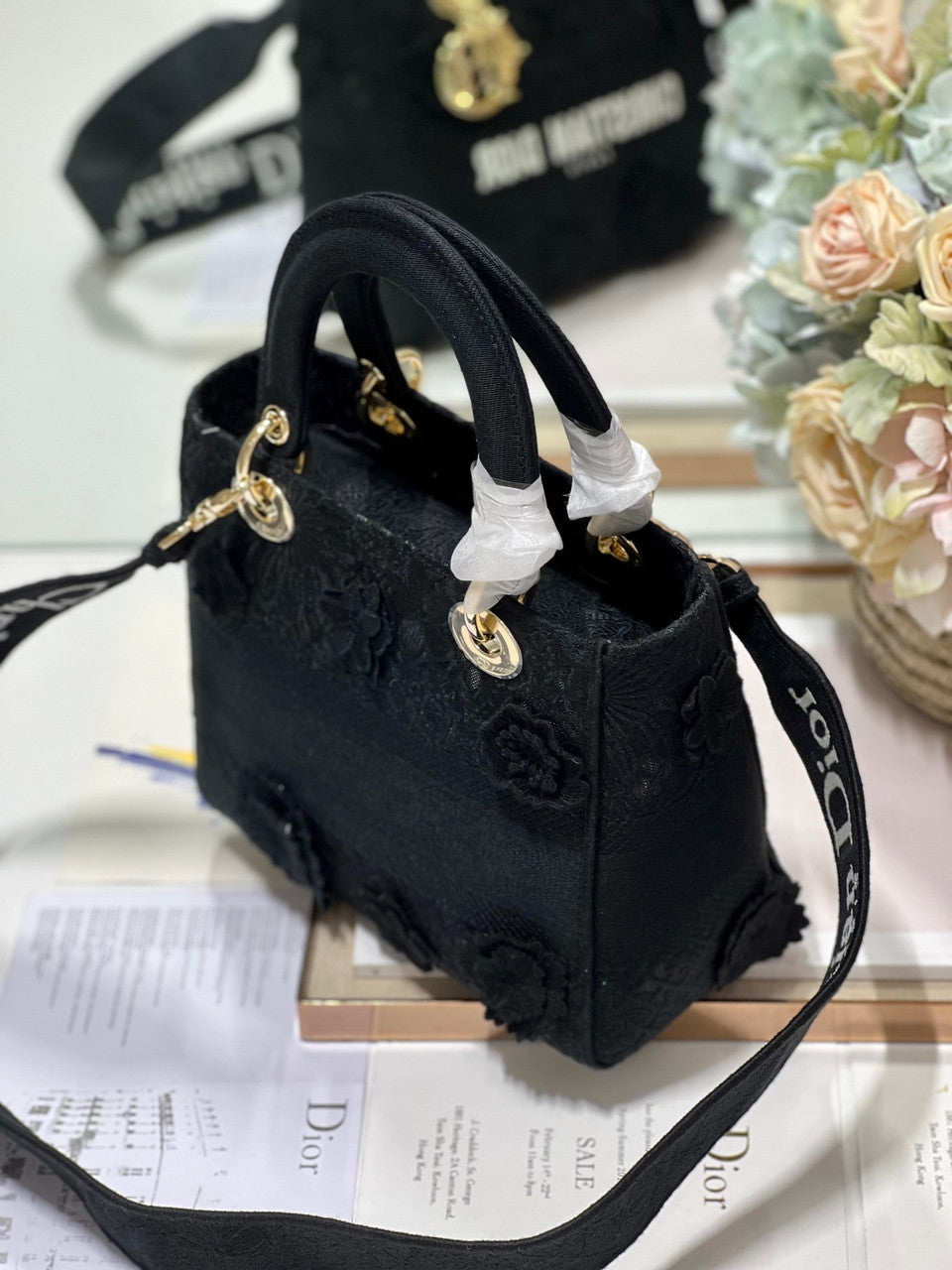 Christian Dior MEDIUM LADY D-LITE BAG D-Lace Embroidery with 3D Macramé Effect Black