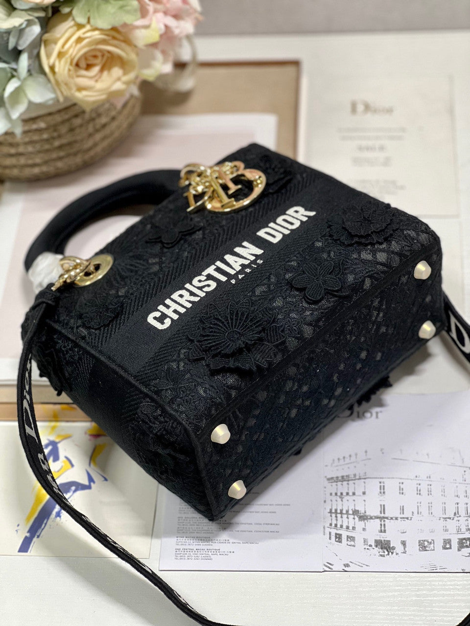 Christian Dior MEDIUM LADY D-LITE BAG D-Lace Embroidery with 3D Macramé Effect Black