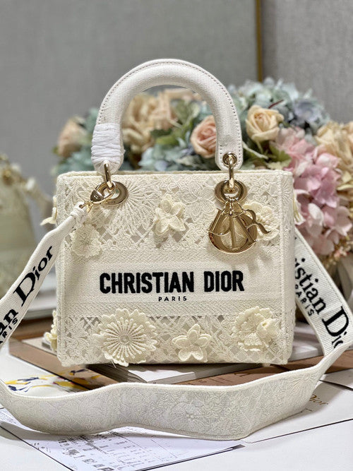 Christian Dior MEDIUM LADY D-LITE BAG D-Lace Embroidery with 3D Macramé Effect White