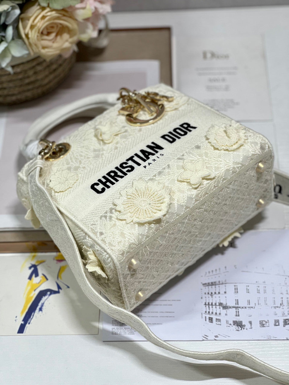 Christian Dior MEDIUM LADY D-LITE BAG D-Lace Embroidery with 3D Macramé Effect White