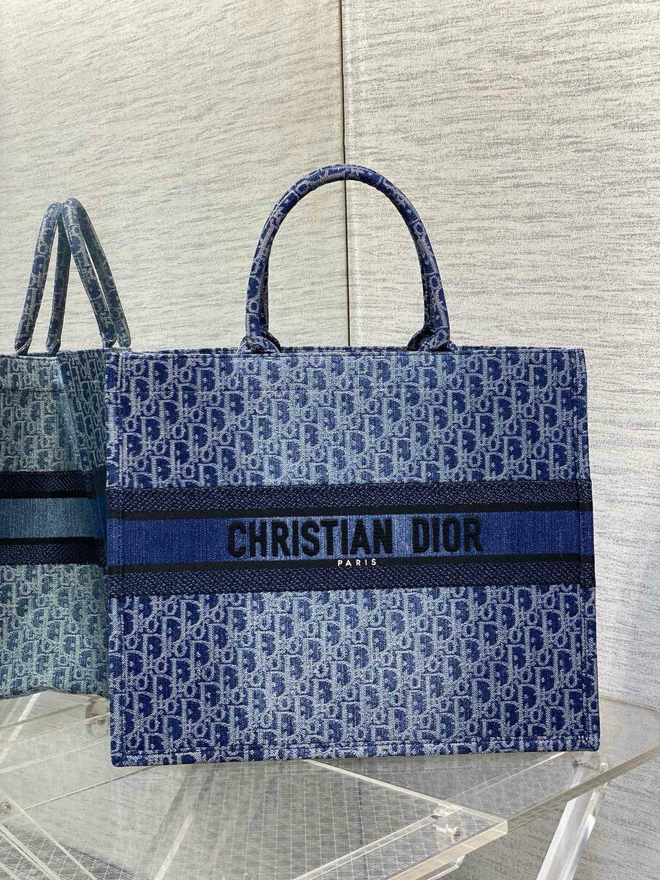 Christian Dior Large Dior Book Tote  Blue Denim Dior Oblique Jacquard (42 x 35 x 18.5 cm)