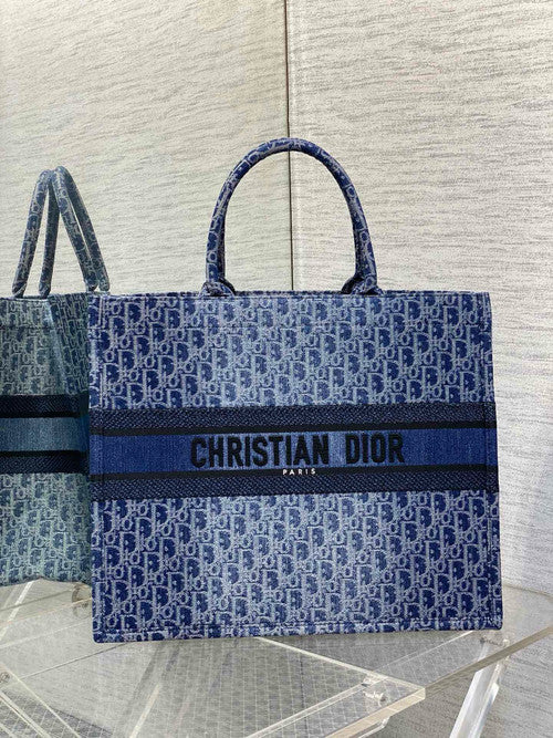 Christian Dior Large Dior Book Tote  Blue Denim Dior Oblique Jacquard (42 x 35 x 18.5 cm)