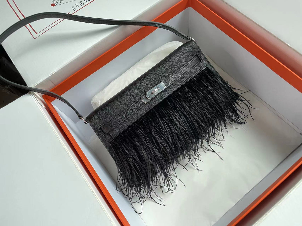 Hermes Kelly Elan Shoulder Strap Bag with Ostrich Feathers black Sellier