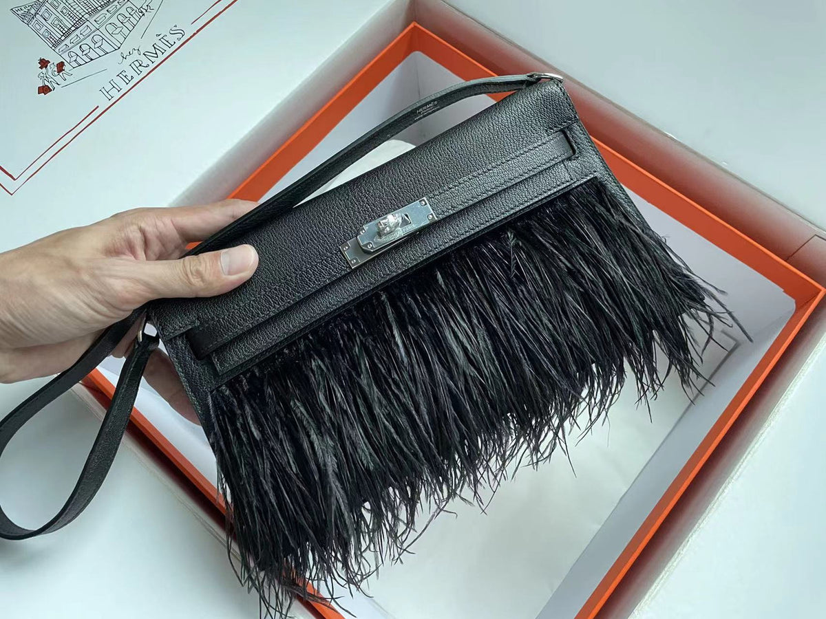 Hermes Kelly Elan Shoulder Strap Bag with Ostrich Feathers black Sellier