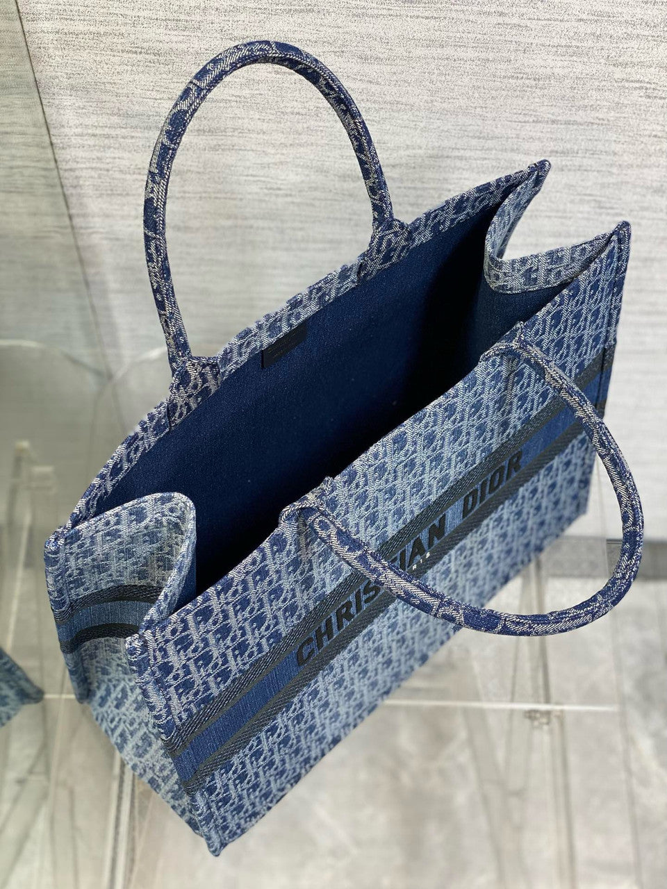 Christian Dior Large Dior Book Tote  Blue Denim Dior Oblique Jacquard (42 x 35 x 18.5 cm)