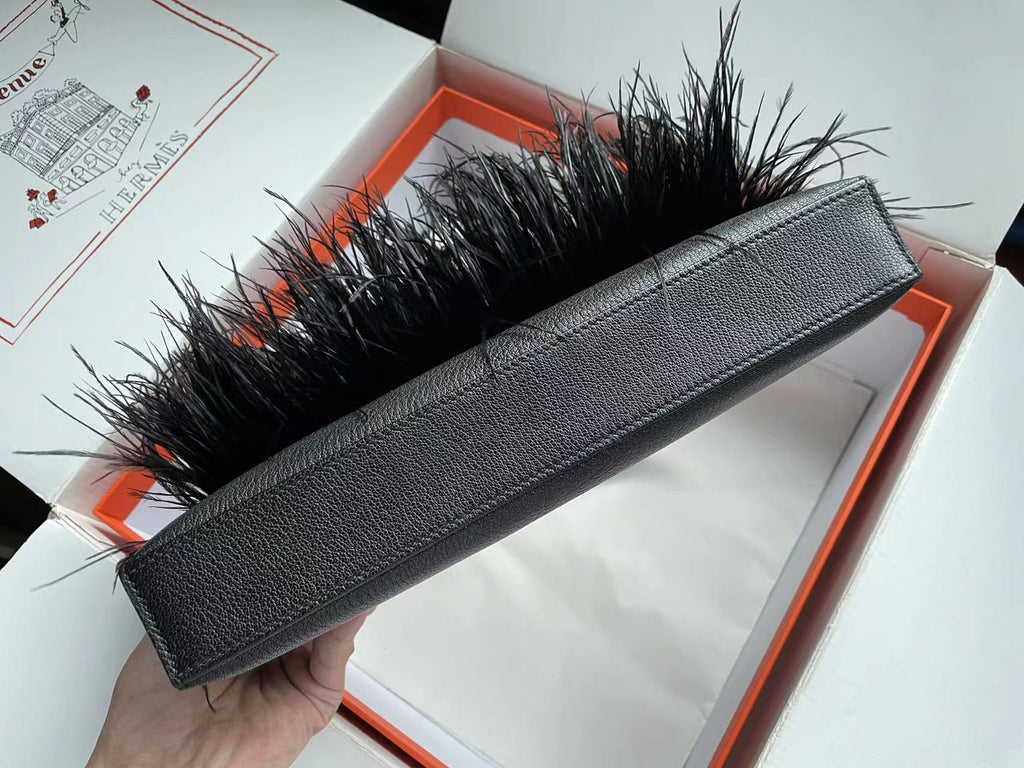 Hermes Kelly Elan Shoulder Strap Bag with Ostrich Feathers black Sellier
