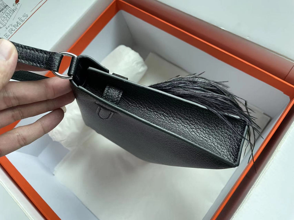 Hermes Kelly Elan Shoulder Strap Bag with Ostrich Feathers black Sellier