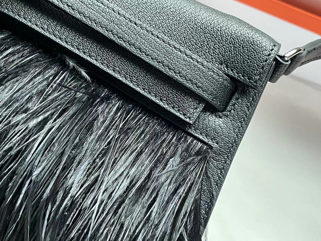 Hermes Kelly Elan Shoulder Strap Bag with Ostrich Feathers black Sellier