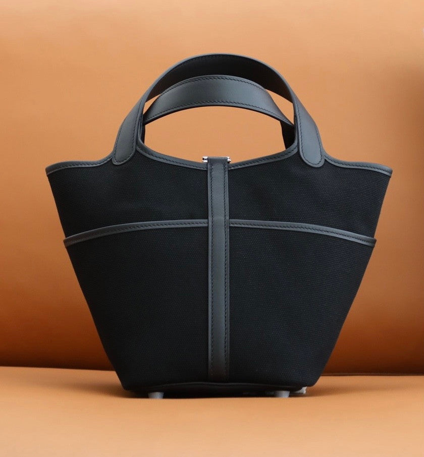 Hermès Picotin Cargo 18 Blue/Black Swift and Toile Canvas Palladium Hardware