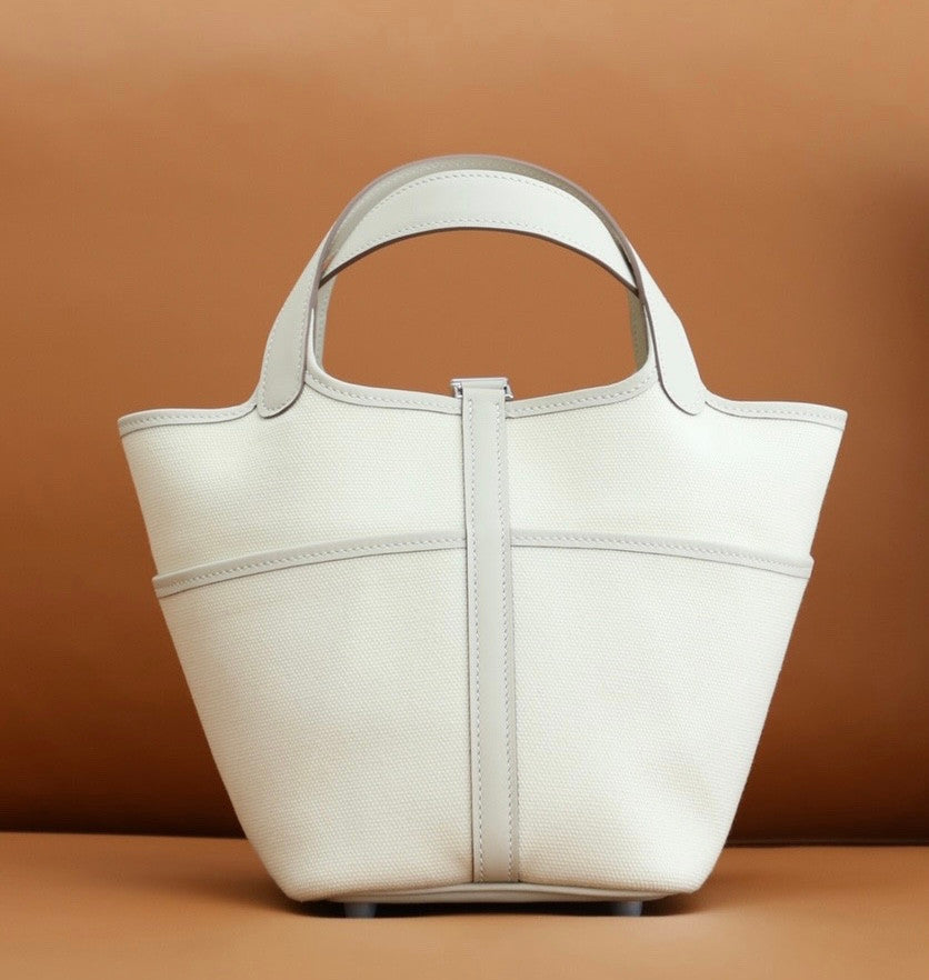 Hermès Picotin Cargo 18 White Swift and Toile Canvas Palladium Hardware