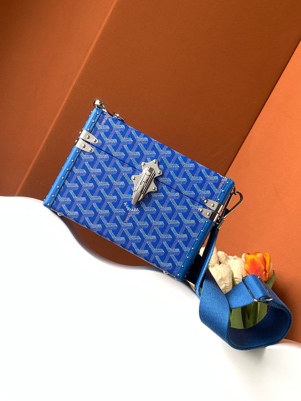 Goyard Goyardine Blue Cassette Trunk Clutch/Shoulder Bag Palladium Hardware Goyard