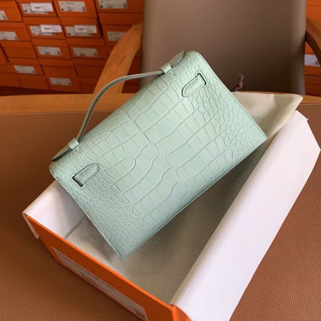 Hermes Mint Mini Kelly Pochette Crocodile Niloticus with Palladium Hardware