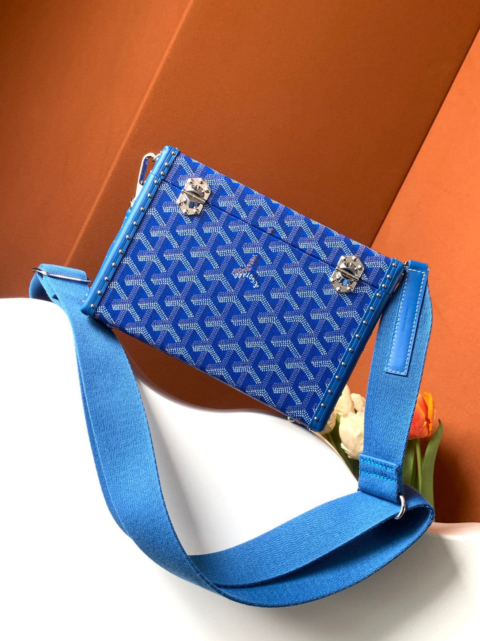 Goyard Goyardine Blue Cassette Trunk Clutch/Shoulder Bag Palladium Hardware Goyard