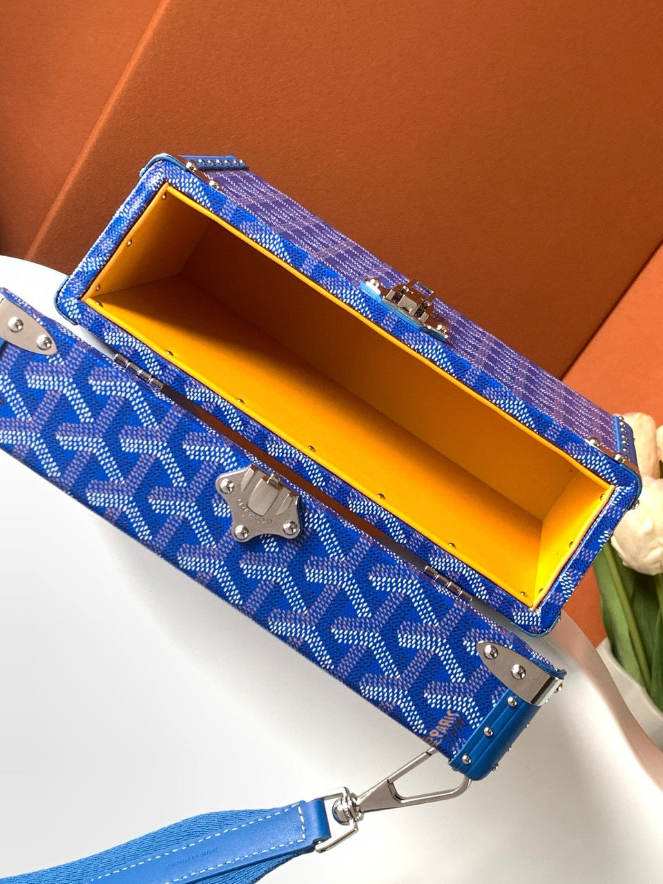 Goyard Goyardine Blue Cassette Trunk Clutch/Shoulder Bag Palladium Hardware Goyard