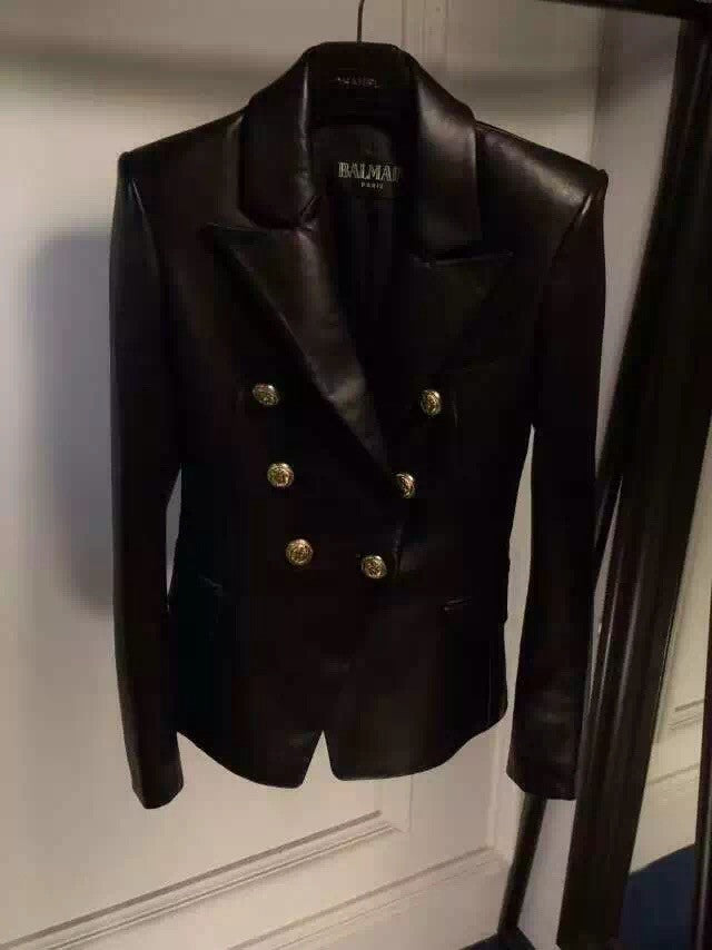 BALMAIN Black Leather Coat