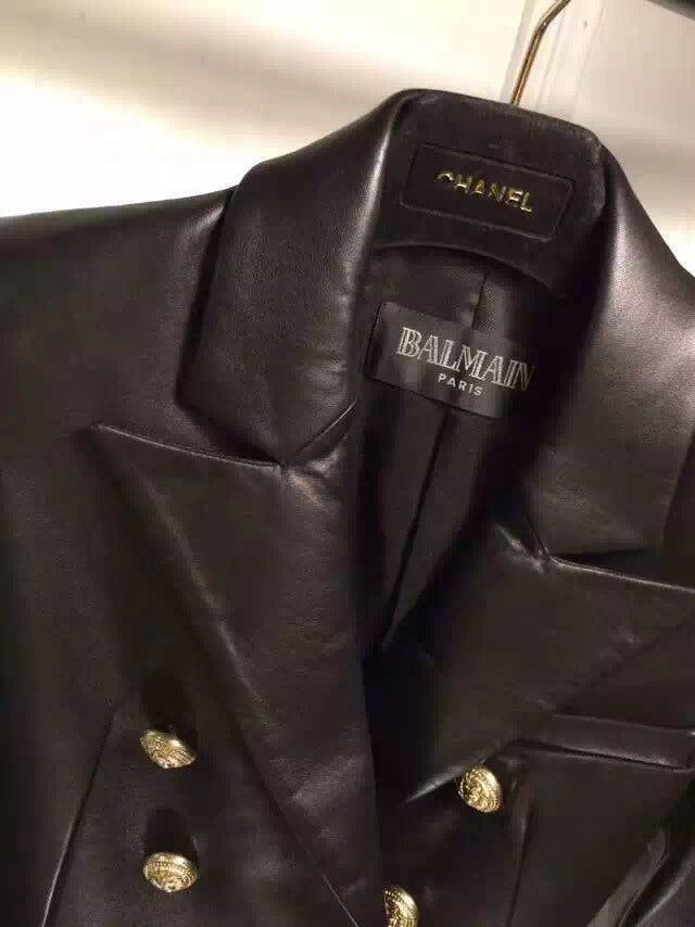 BALMAIN Black Leather Coat