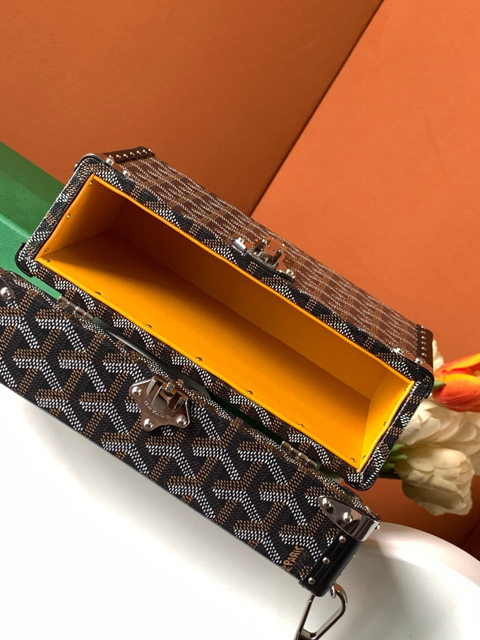 Goyard Goyardine Black Cassette Trunk Clutch/Shoulder Bag Palladium Hardware Goyard