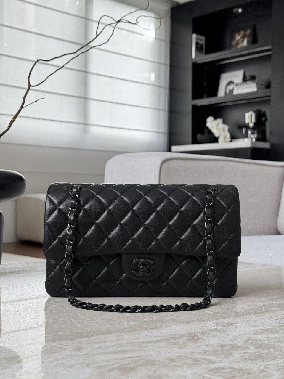 CHANEL So Black Lambskin Leather Classic Double Flap 2.55 Shoulder Bag
