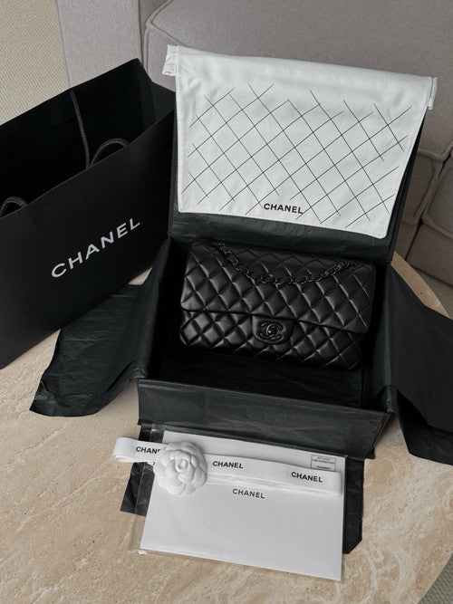 CHANEL So Black Lambskin Leather Classic Double Flap 2.55 Shoulder Bag