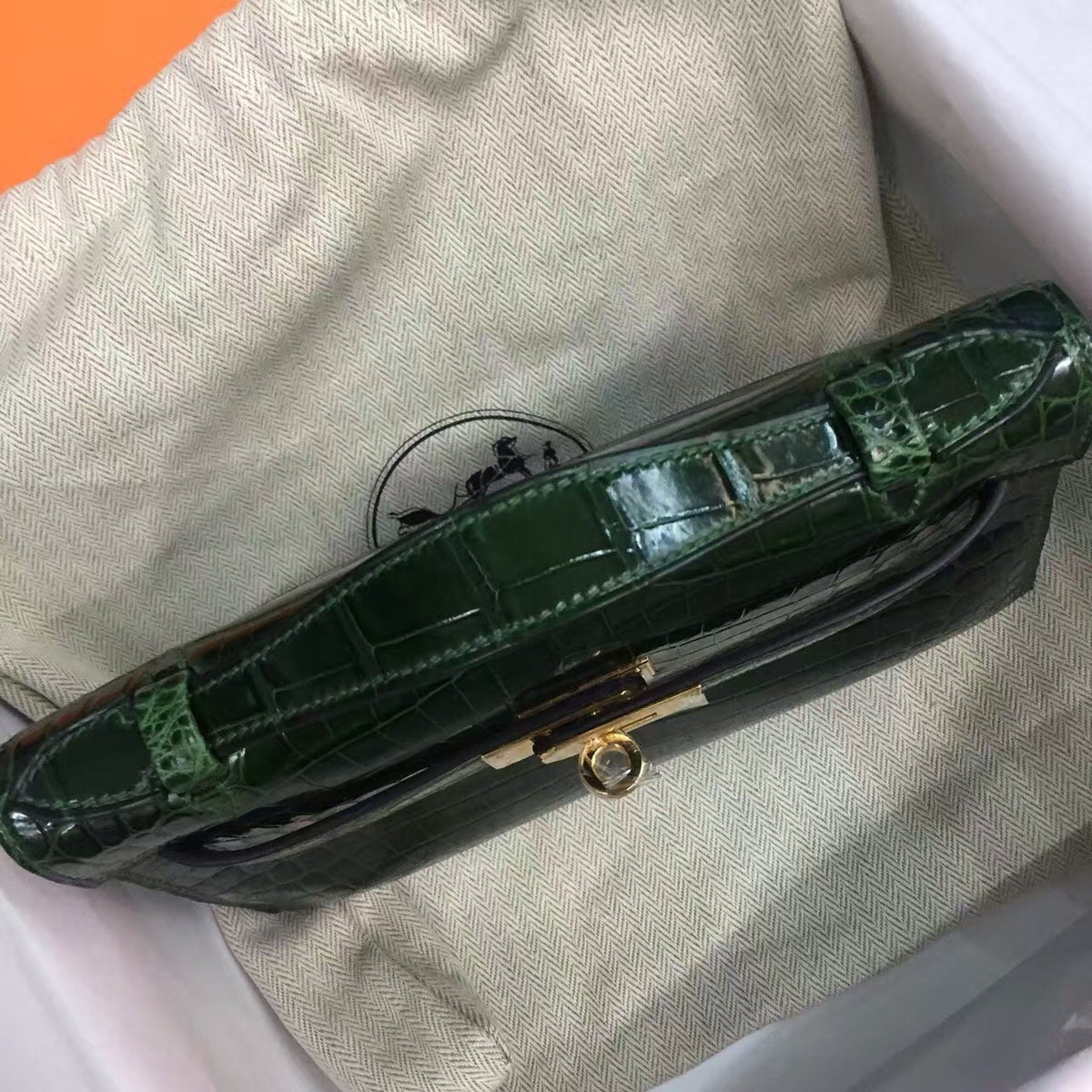 Hermes Cyprus SF067 Mini Kelly Pochette Gator Shine with Gold Hardware
