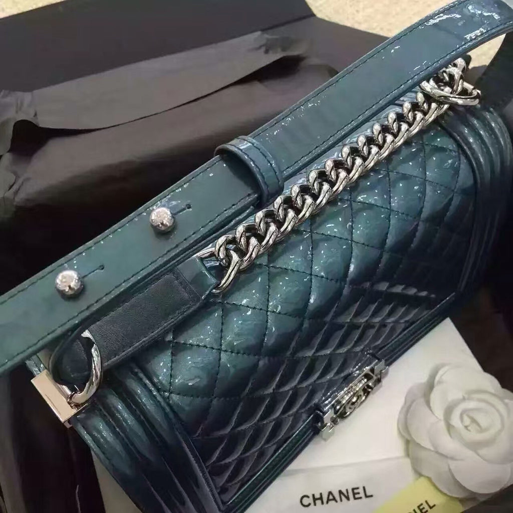 CHANEL Emerald Quilted Patent Leather Medium LE BOY Bag with Silver HW