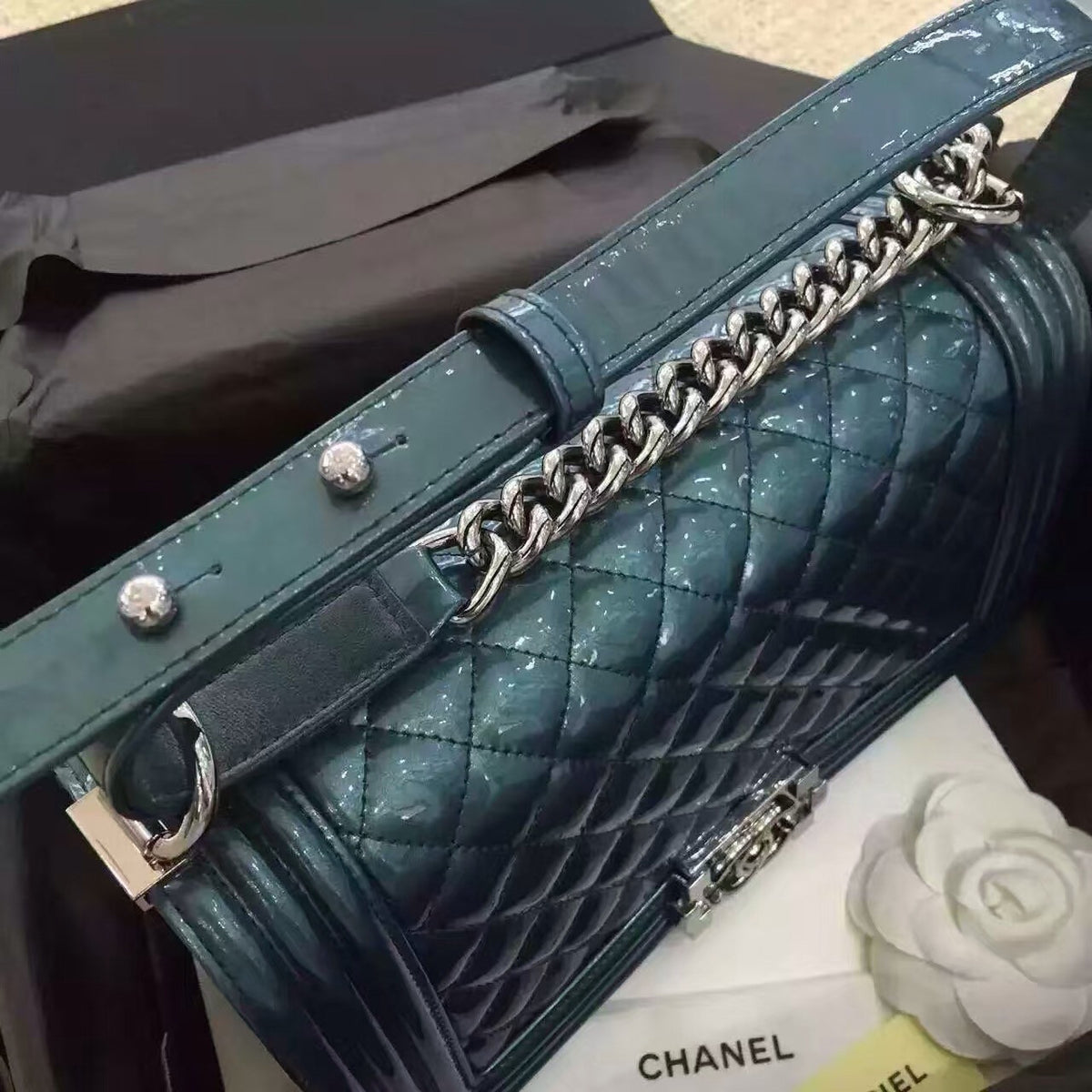 CHANEL Emerald Quilted Patent Leather Medium LE BOY Bag with Silver HW