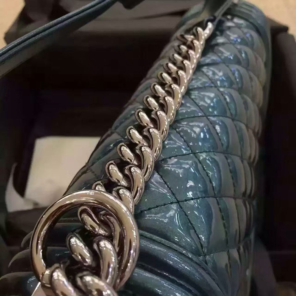 CHANEL Emerald Quilted Patent Leather Medium LE BOY Bag with Silver HW