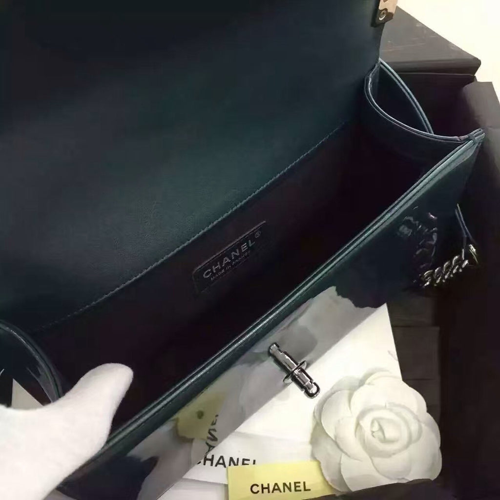 CHANEL Emerald Quilted Patent Leather Medium LE BOY Bag with Silver HW