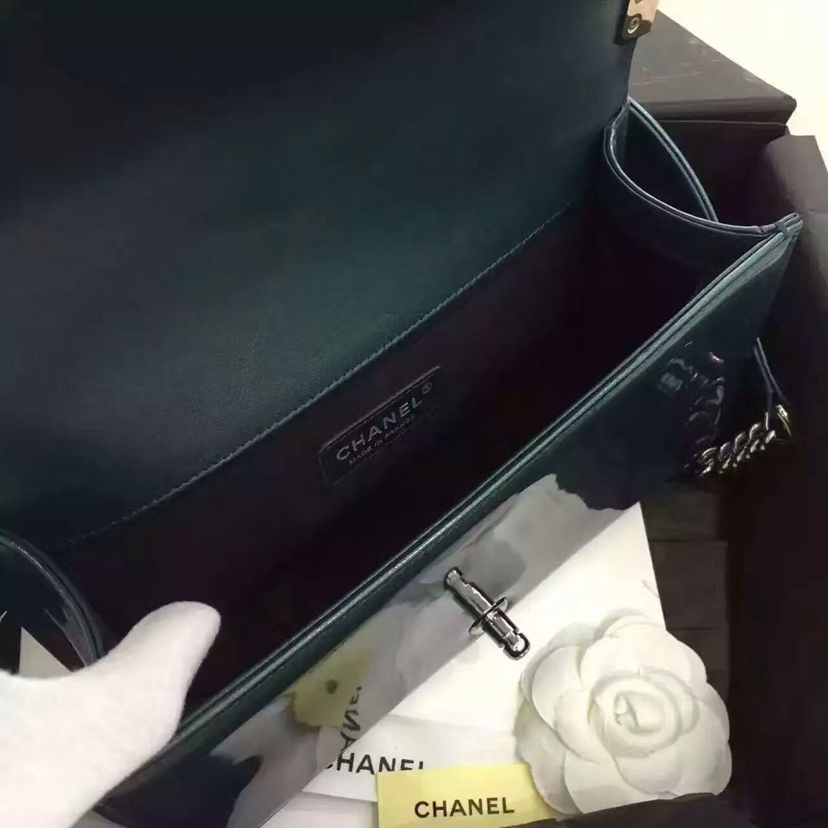 CHANEL Emerald Quilted Patent Leather Medium LE BOY Bag with Silver HW