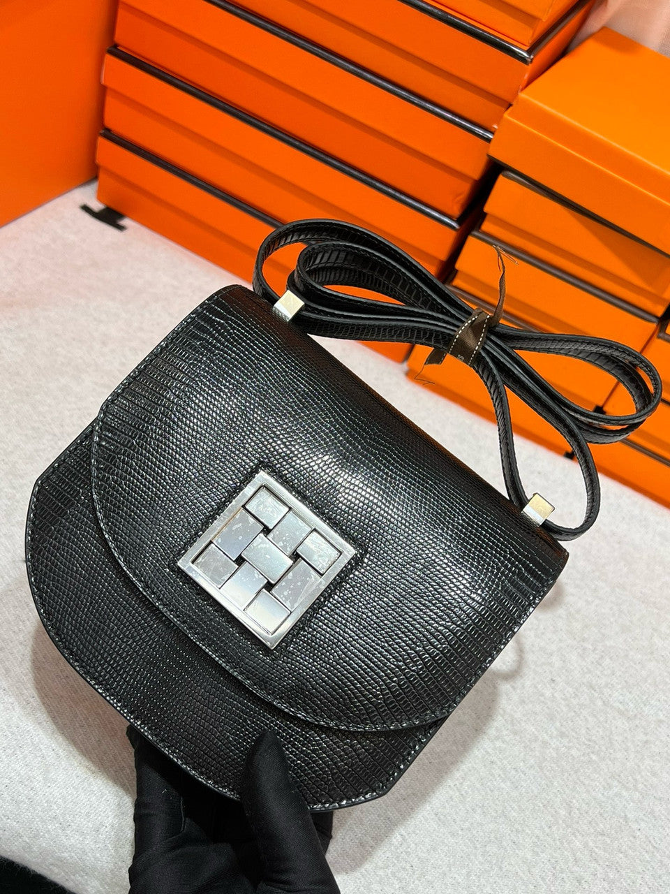Hermès Ombre Shiny Black Lizard Mosaique Au 24-17 with Palladium Hardware Hermes