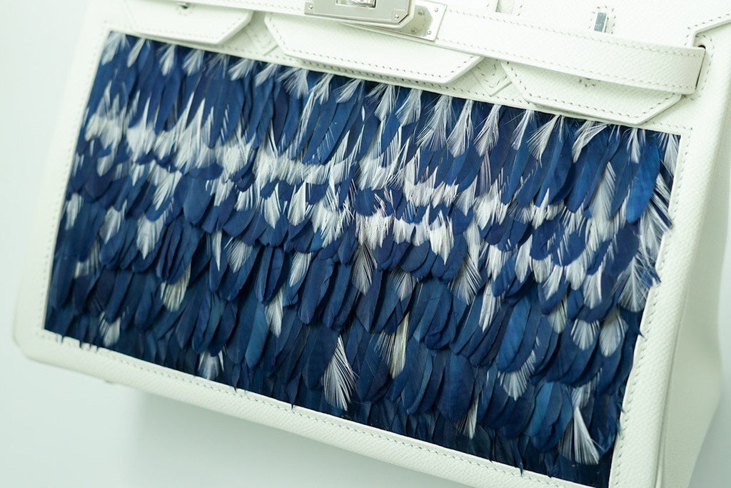 Vintage Hermès Birkin 30 White Epsom with Custom Feather Panel & Palladium Hardware