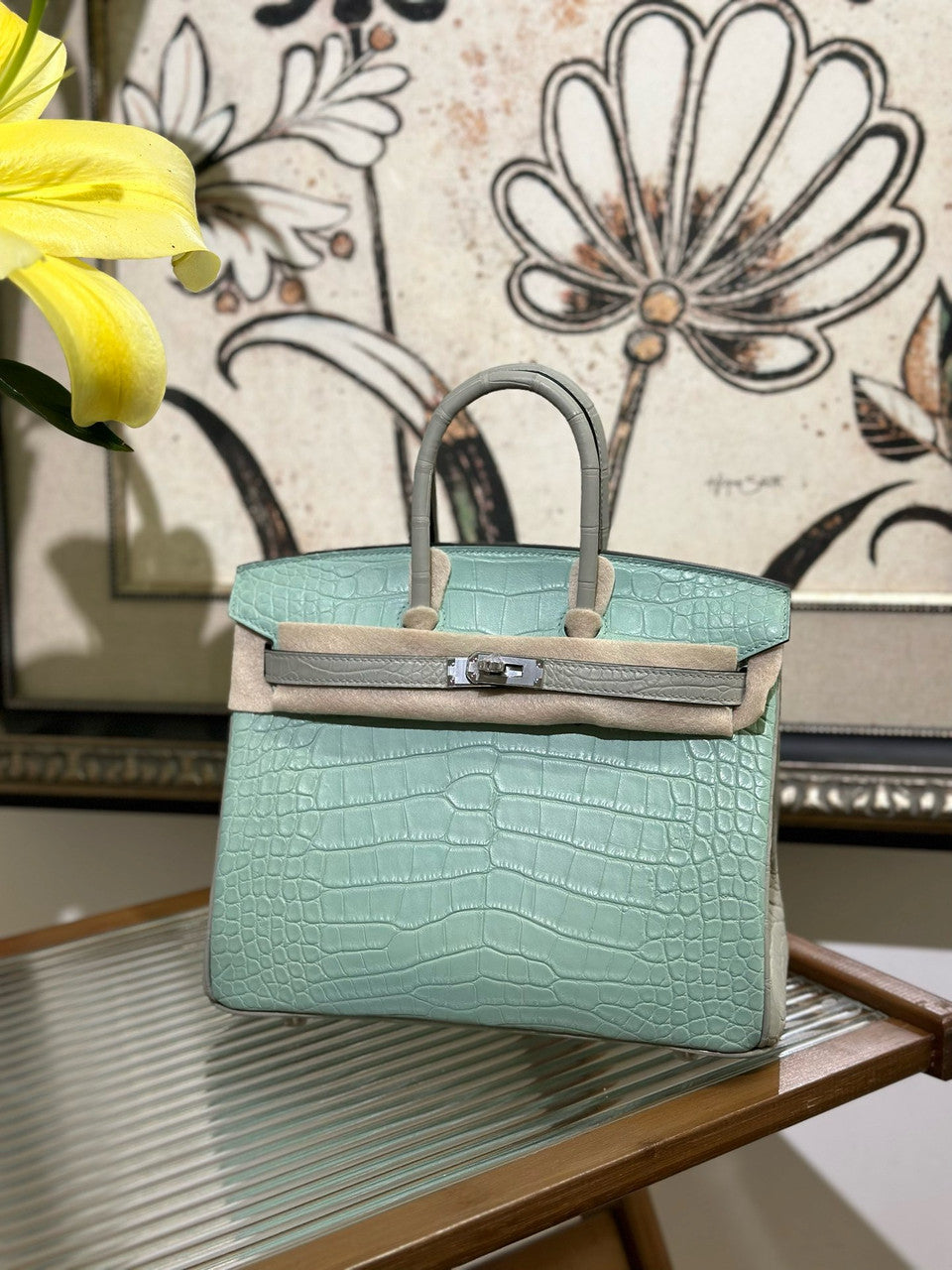 Hermès Shinny Mint/Grey Alligator Birkin  25cm Palladium Hardware
