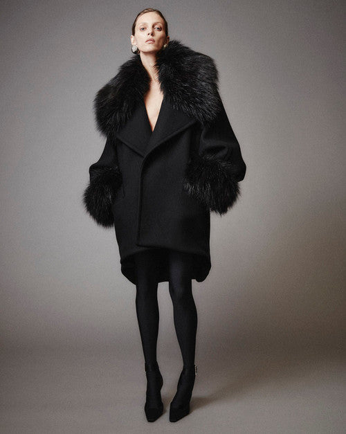 Saint Laurent OVERSIZE COAT IN WOOL FELT AND ANIMAL-FREE FUR