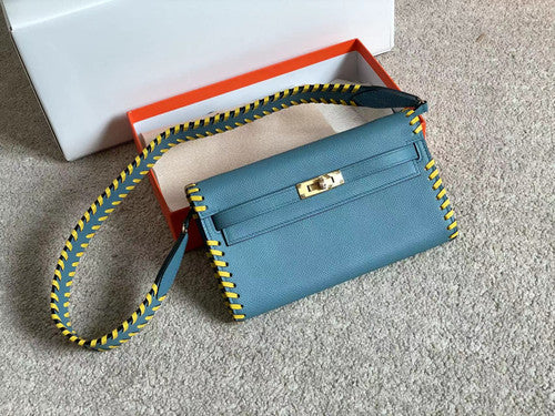 Hermes Blue Jean Kelly To Go Tressage wallet With Gold Hardware