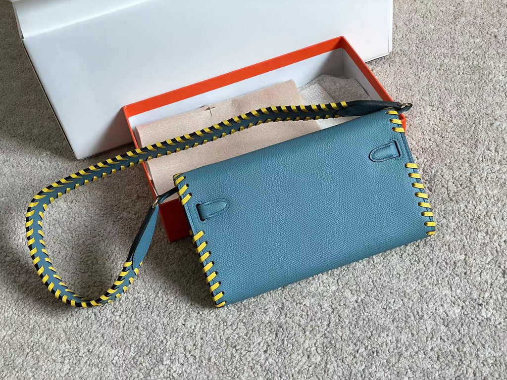 Hermes Blue Jean Kelly To Go Tressage wallet With Gold Hardware