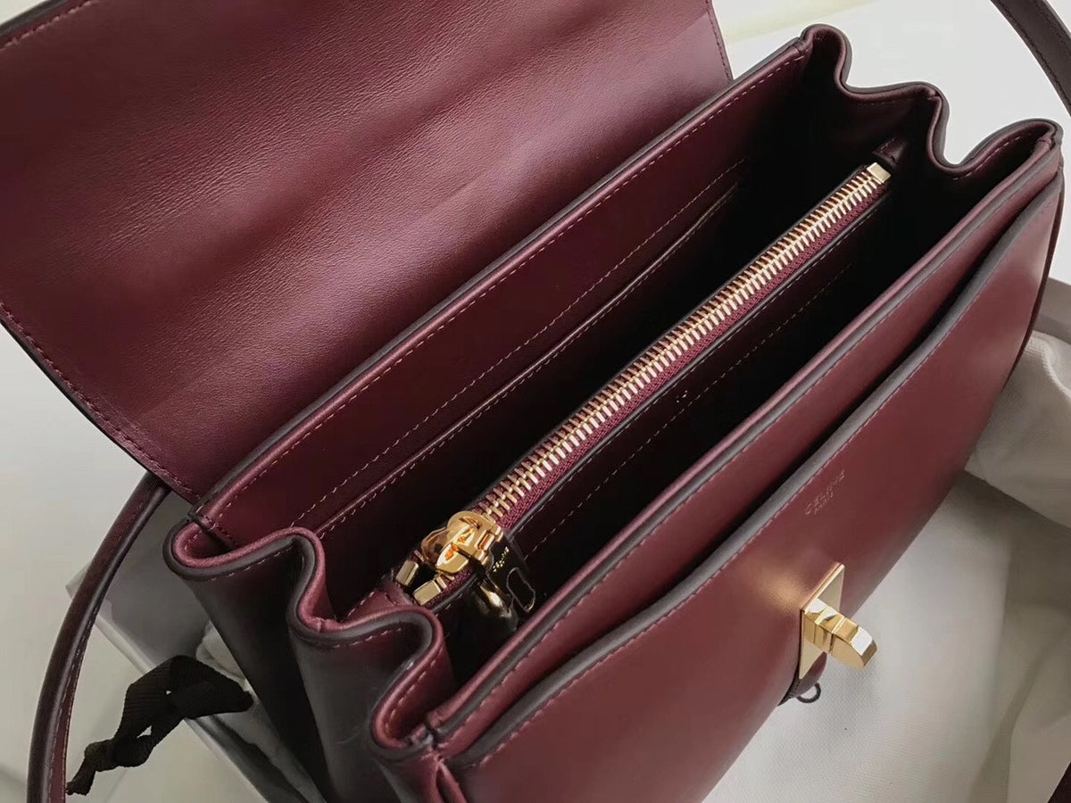 Celine  MEDIUM 16 BAG IN SATINATED CALFSKIN BLACK  LIGHT BURGUNDY