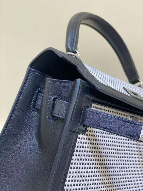 HERMÈS KELLY 25 SELLIER QUADRILLE BLACK SWIFT AND CANVAS PALLADIUM HARDWARE