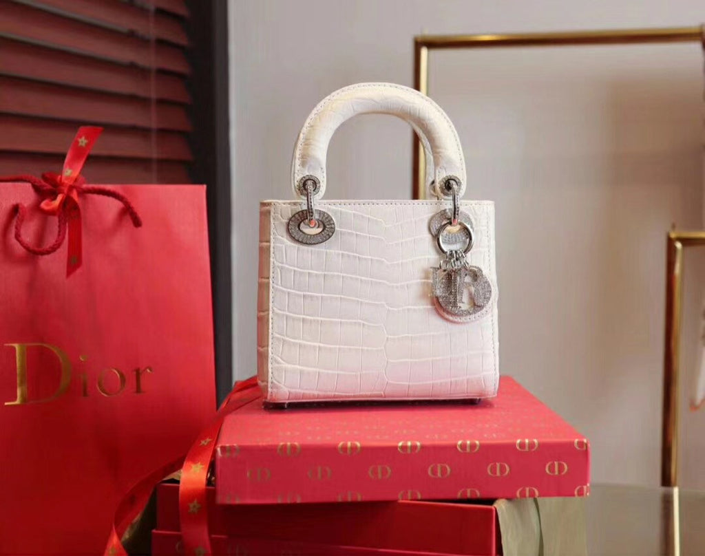 Christian Dior White  Alligator Mini Lady Dior Tote with gemstone hardware