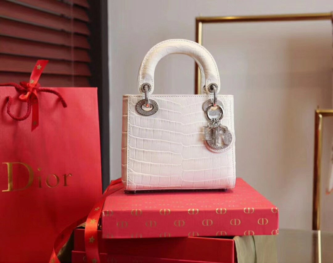 Christian Dior White  Alligator Mini Lady Dior Tote with gemstone hardware