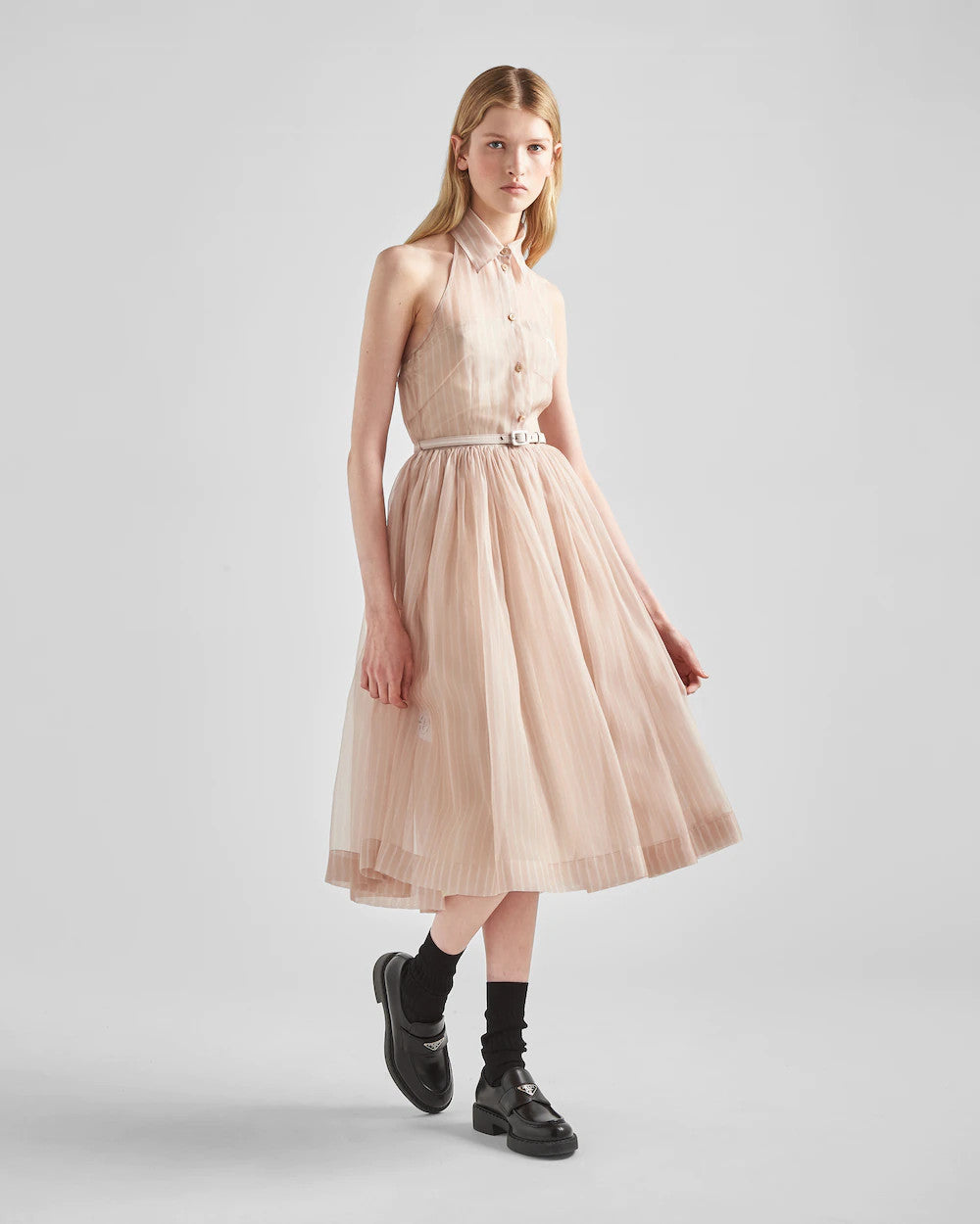 Prada Embroidered striped organza dress
