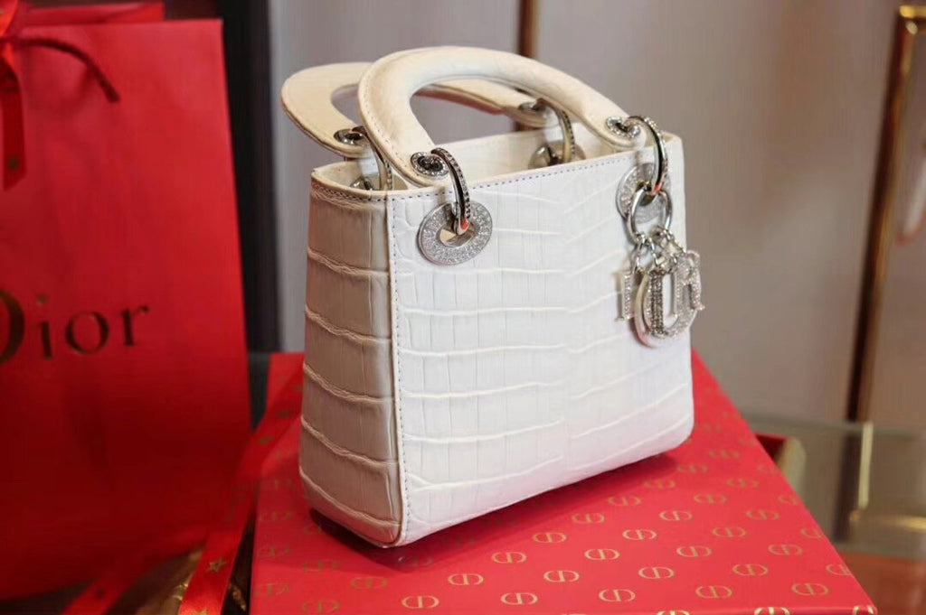 Christian Dior White  Alligator Mini Lady Dior Tote with gemstone hardware
