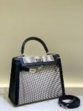 HERMÈS KELLY 25 SELLIER QUADRILLE BLACK SWIFT AND CANVAS PALLADIUM HARDWARE
