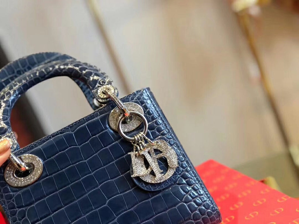 Christian Dior Blue  Alligator Mini Lady Dior Tote with gemstone hardware